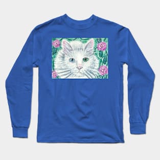 white cat flowers Long Sleeve T-Shirt